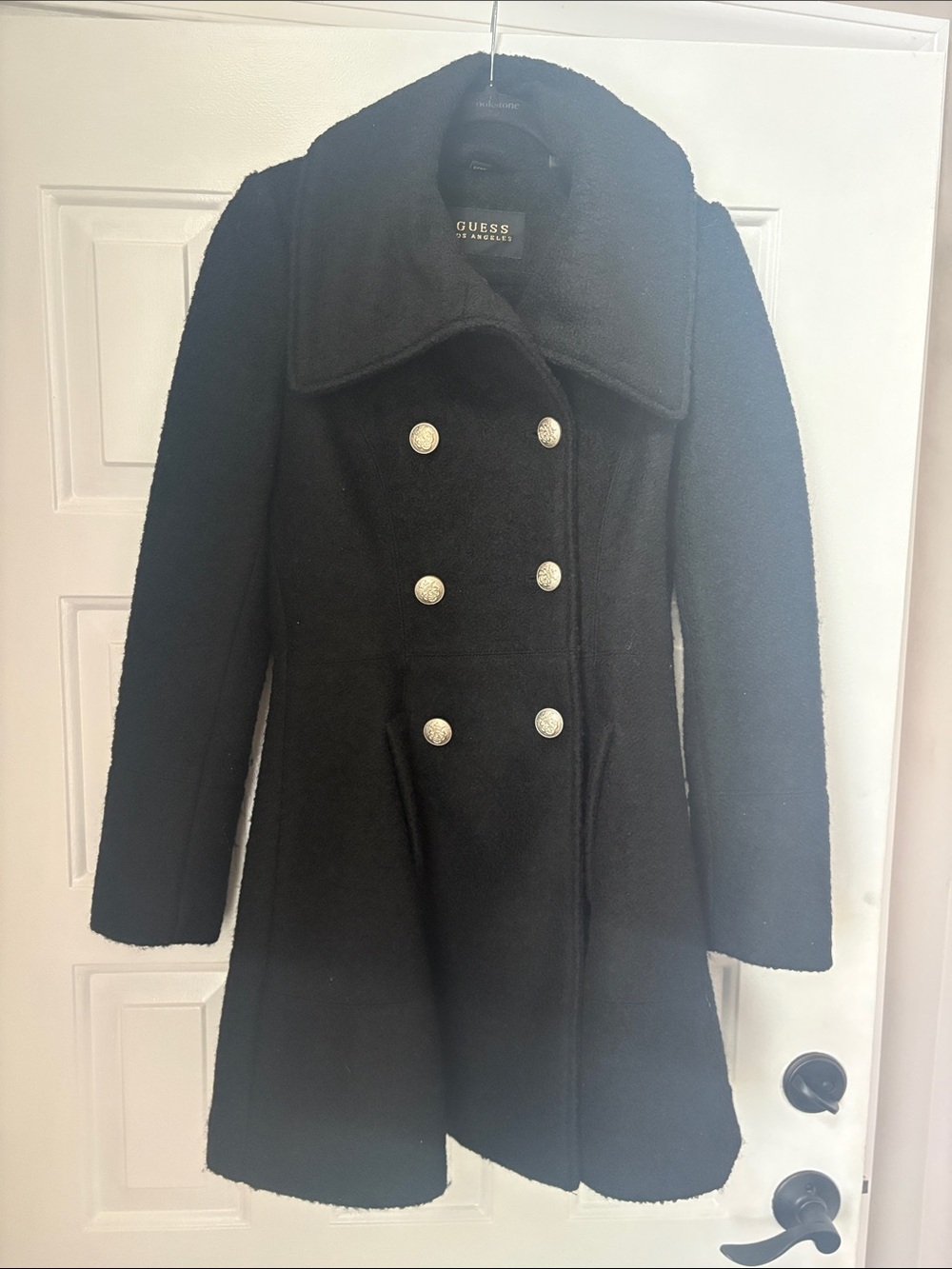 GUESS Black Double-Breasted Pea Coat with Metallic Buttons